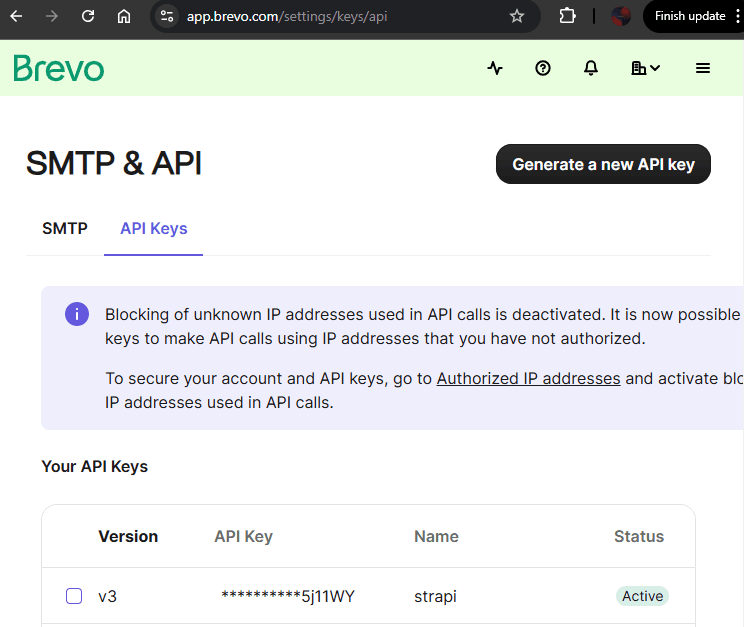 Brevo API key dashboard with button to generate new API key.png