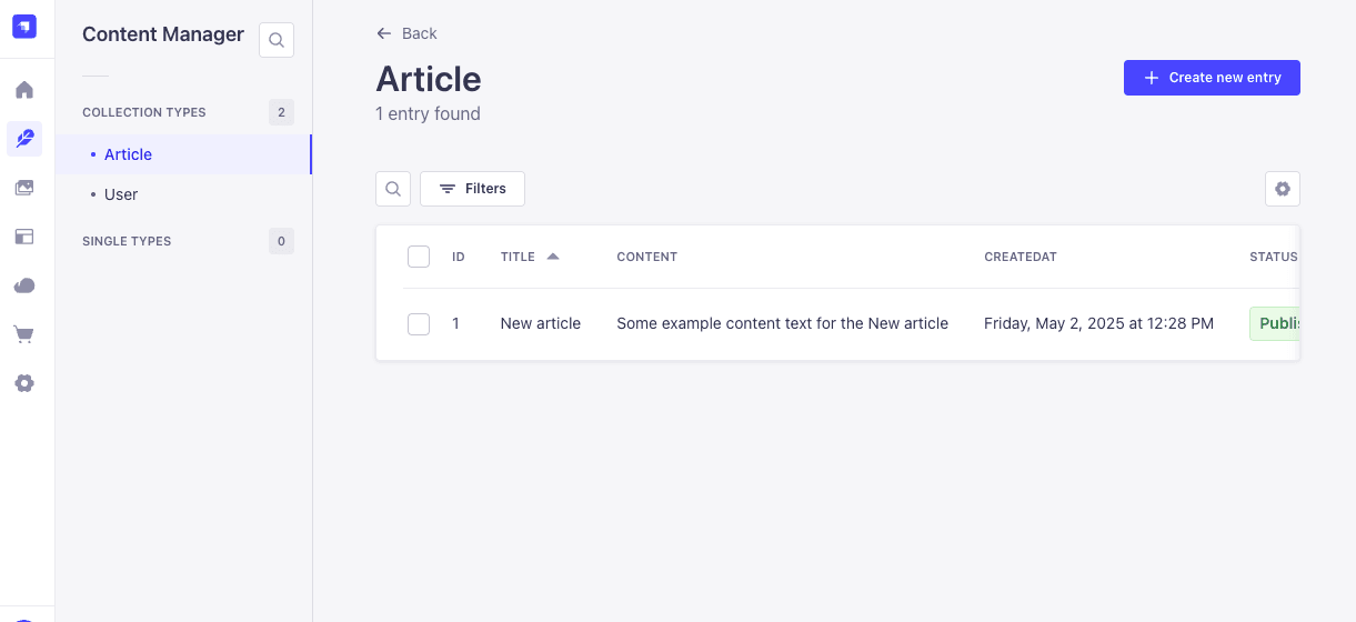 Screenshot showing Strapi dashboard with newly created article.png